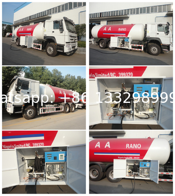 10metric tons 336hp SINO TRUK HOWO brand lpg gas dispensing truck for filhling gas bottles, 25m3 lpg gas dispenser truck