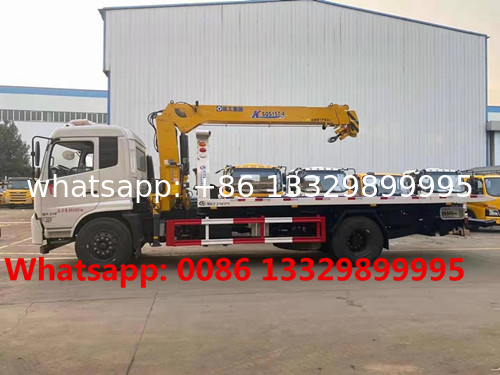 Dongfeng tianjin 4*2 LHD 8T flatbed wrecker towing truck with telescopic crane boom, Good price breakdown recovery truck