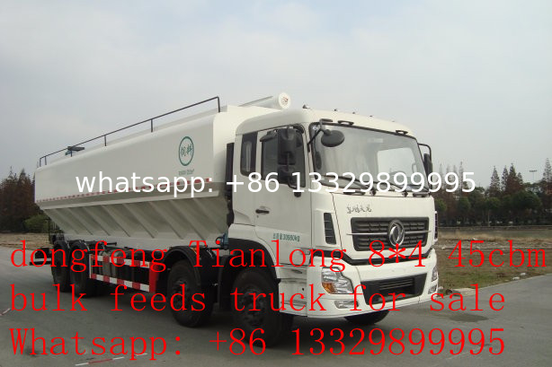 Dongfeng tianlong 8*4 40-45cbm animal poultry feed truck for sale, 20tons hydraulic farm-oriented feed tank truck